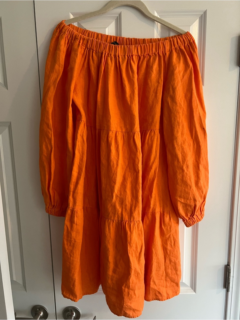 Saks Fifth Avenue Orange Off-Shoulder Tiered Mini Dress-100% Linen